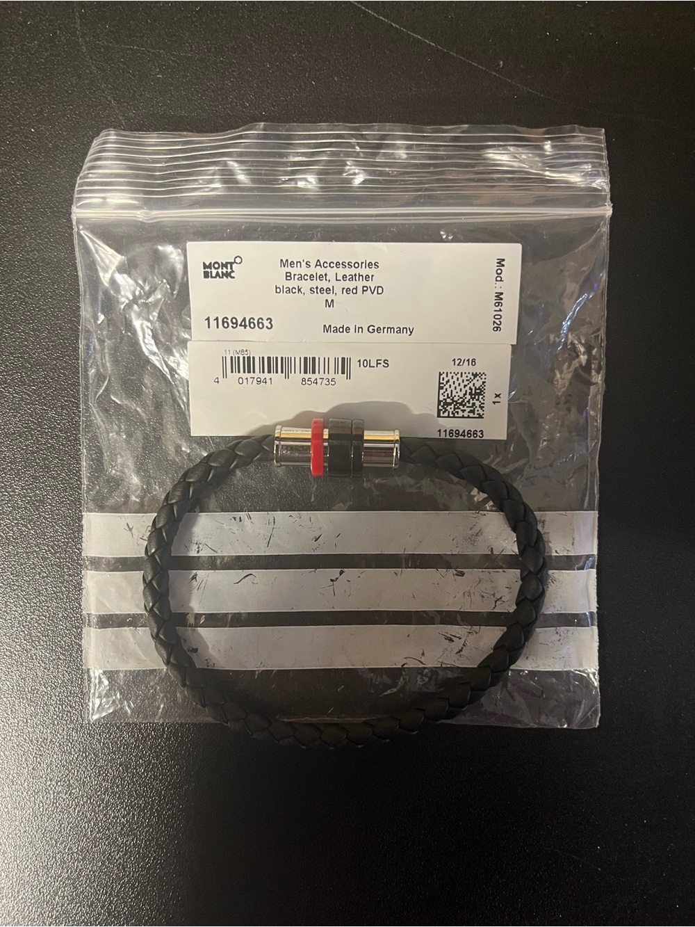 Montblanc Black Braided Leather Bracelet with Red Accent